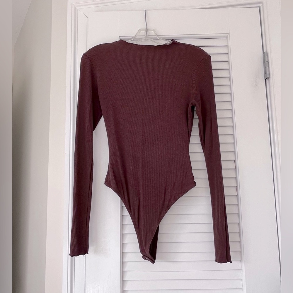 Naked Wardrobe Chocolate Brown Fine Ribbed Stretchy Bodysuit with Snaps